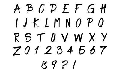 Black hand-drawn grungy alphabet and numbers , rough brush style font for digital design, and street art projects.