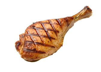 Delicious grilled chicken leg quarter with crispy skin on black background