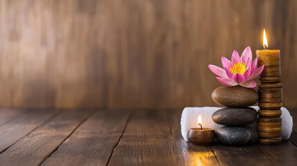 Serene spa scene with stacked stones, a pink lotus flower, and glowing candles on a dark wood surface. Peaceful and relaxing ambiance