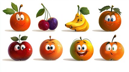 Cartoon fruit set with apples, bananas, cherries, and more in a playful art style for kids