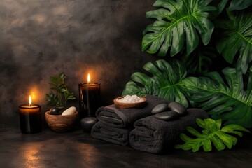 Luxurious spa scene with lit candles, dark towels, smooth stones, and lush tropical foliage creating a calming atmosphere