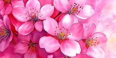 Watercolor painting of pink cherry blossoms in full bloom with delicate petals and yellow stamens detail