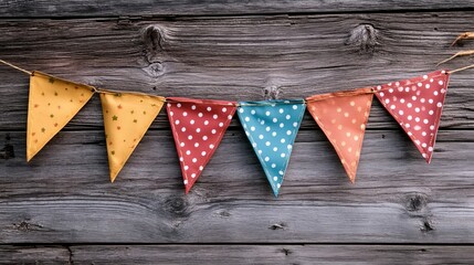 Colorful bunting flags hanging on rustic wooden background old dots party polka stars event image