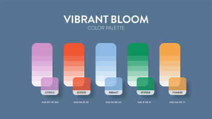 Color palette guide in Vibrant bloom colour theme collections. Color inspiration or chart with codes template. Color combination RGB. Colors swatches for graphic design, art, fashion, web or painting.