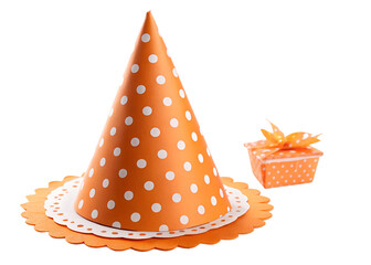 Orange polka dot party hat and gift box on a black background