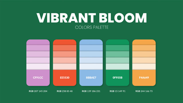 Color palette guide in Vibrant bloom colour theme collections. Color inspiration or chart with codes template. Color combination RGB. Colors swatches for graphic design, art, fashion, web or painting.