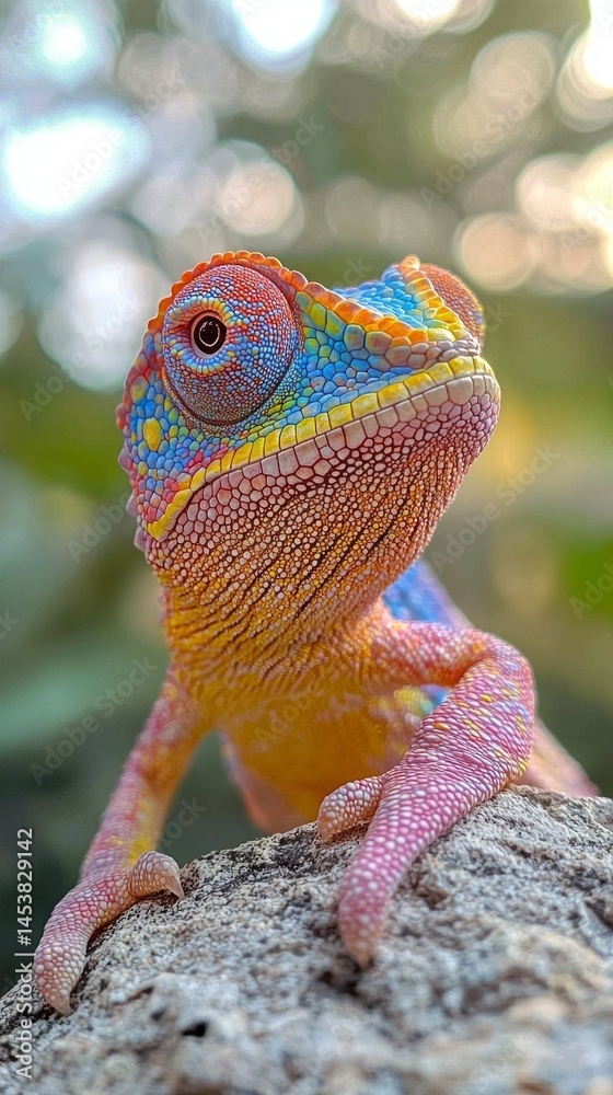 Poster A vibrant chameleon displays its stunning colors while resting on a rock. The soft light creates a magical atmosphere around its unique textures and patterns