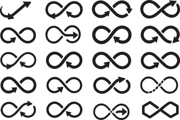 Infinity loop icons with various arrow styles representing endless, repeat, or continuous flow