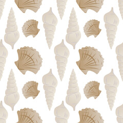 Seamless pattern with hand drawn vector seashells on white background. Beach themed marine design for summer textile, wrapping paper, kids products, ocean decor and nautical surface prints.