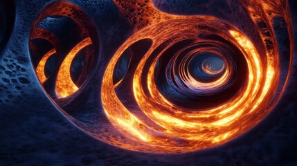 Abstract fiery tunnel, digital art, glowing lava, infinite depth, swirling vortex, cosmic journey, fiery rings, dark fantasy, cosmic art