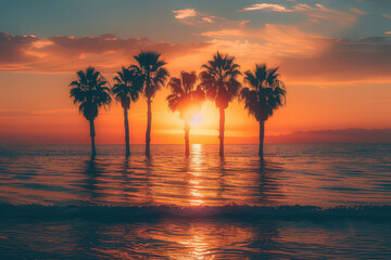 Dramatic Sunset over the Ocean with Palm Trees