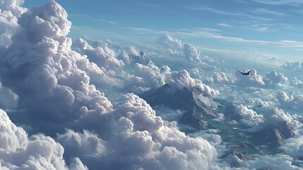 A landscape with mountainous terrain is partially covered in cloud formations. Above, a flying object is visible.
