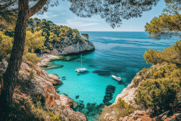 Fototapeta premium Stunning Turquoise Bay with Sailboat and Sunny Cliffs