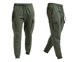 men's olive green or army green jogger pants isolated on transparent background