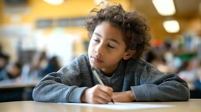 A diligent Black student taking notes amidst an energetic classroom setting.