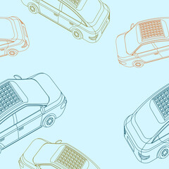 Editable Outline Top Oblique Back View Electric Cars With Solar Panel Vector Illustration Seamless Pattern for Background of Futuristic Eco-friendly Vehicle and Green Life or Renewable Energy Campaign