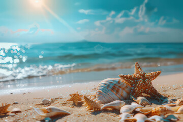 Beautiful seashells and starfish on a sunny beach