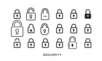 A collection of simple, black line art padlock icons, showcasing different styles and states.
