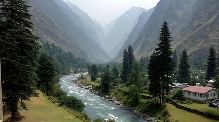 Obraz premium Mountain Valley River Town.