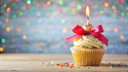 One candle on a birthday cupcake with colorful sprinkles and a large bow in the center, festive