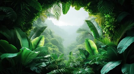 Lush jungle vista framed by vibrant foliage