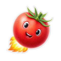 Rocket tomato cartoon with fire trail and cheerful face for energetic food campaigns, kids wellness promotions, and active snack branding, isolated on transparent background, PNG