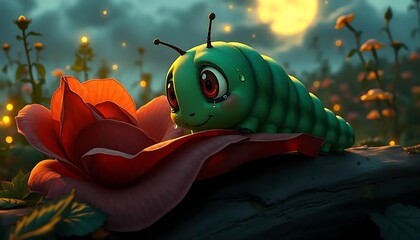Caterpillar Resting on Flower in Dreamy Garden at Night