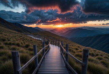 Wooden boardwalk winds through grassy mountain ridge toward glowing sunset in scenic landscape view