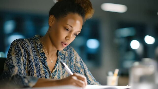 Focused African businesswoman jotting down notes in a sleek, contemporary office environment.