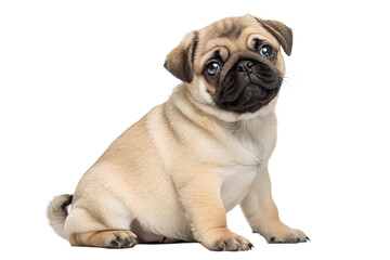 Adorable pug puppy sitting and looking at the camera on black background