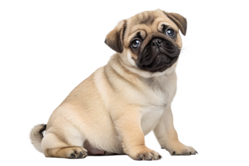 Adorable pug puppy sitting and looking at the camera on black background