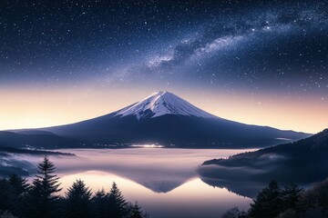 majestic mountain under milky way galaxy at night - japan, stars, night sky, landscape, travel, nature, purple, orange, blue. Beautiful simple AI generated image