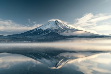 Majestic Mount Fuji reflected in a still lake under a star-filled sky.. Beautiful simple AI generated image