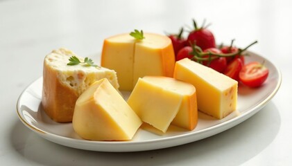 Elegant cheese plate, gourmet cheeses, white backdrop, white, stock photo