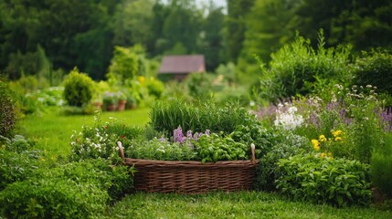 Lush Herb Garden with Vibrant Flowers and Basket of Fresh Greens