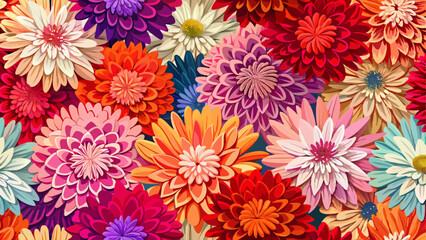 Fototapeta premium Flowers wall background with amazing red,orange,pink,purple,green and white chrysanthemum flowers ,Wedding decoration, hand made Beautiful flower wall 