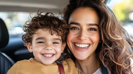 Fototapeta premium Energetic mother and son laughing on a road trip adventure, sunny day and happy family times