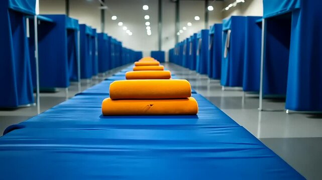 Rows of blue temporary beds with orange pillows in a large hall