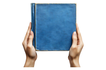 Obraz premium Hands holding open blue cover book isolated on transparent background.