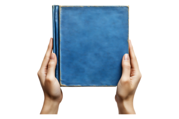 Hands holding open blue cover book isolated on transparent background.