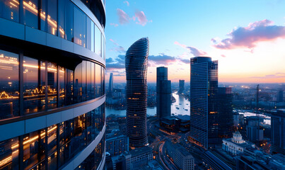 Obraz premium Modern Cityscape at Dusk with Reflections and Dramatic Sky Colors