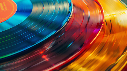 Vinyl music classic vibe record disc background. Colorful music vinyl record label background. Stack of vinyl record dj. Stack of music records. Retro close up of vinyl records disc spinning records 