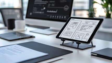 Modern Workspace with Tablet Displaying Wireframe Designs on a Clean Office Desk Environment