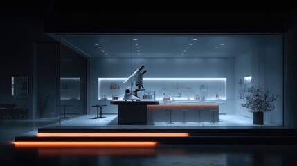 Modern Illuminated Laboratory Interior with Microscope at Night