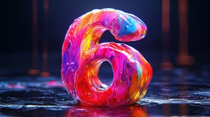 Vibrant, colorful number six.  Digit sculpted with paint-like swirls, glowing in neon hues