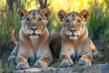 Obraz premium Africa, Kenya, Masai Mara National Reserve. African Lion (Panthera leo) female with cubs. 2016-08-04. Beautiful simple AI generated image