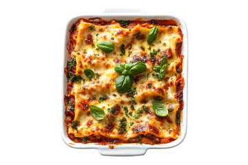 Lasagna baked Italian dish isolated on transparent background.