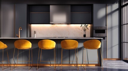Modern kitchen interior with gold bar stools and marble backsplash