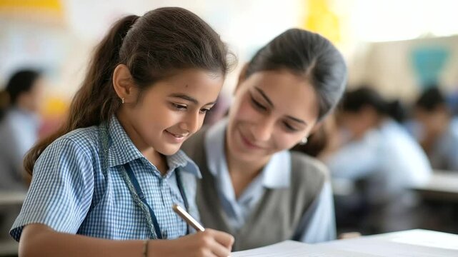 A compassionate schoolgirl helps her classmate understand a lesson in a classroom setting.
