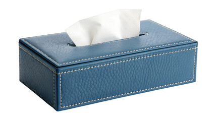 Blue leather tissue box cover with white tissues on black background